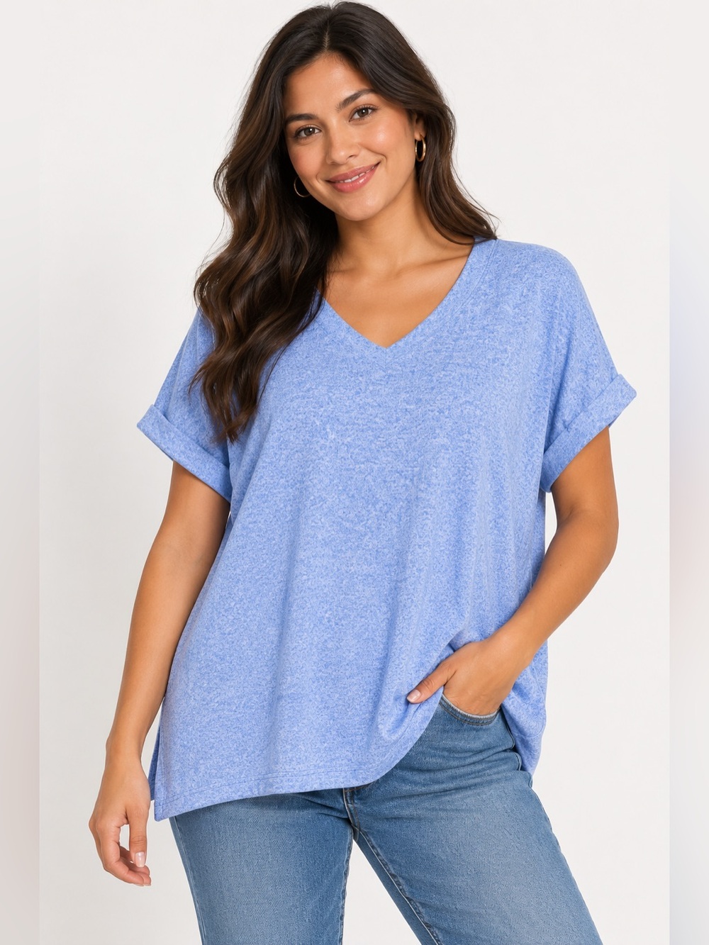 Zenana Melange Hacci Cornflower Blue V-Neck Short Sleeve Cuffed Relaxed Fit